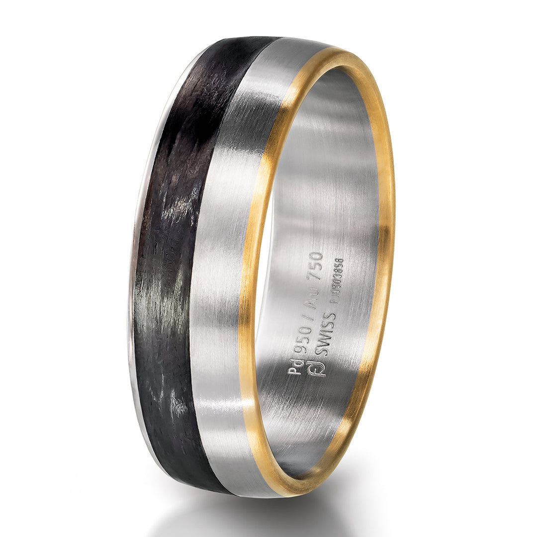 Platinum & Black Carbon fibre ring with 18ct Yellow Gold detail, 6.5mm wide, Court profile - Furrer Jacot 71-29260