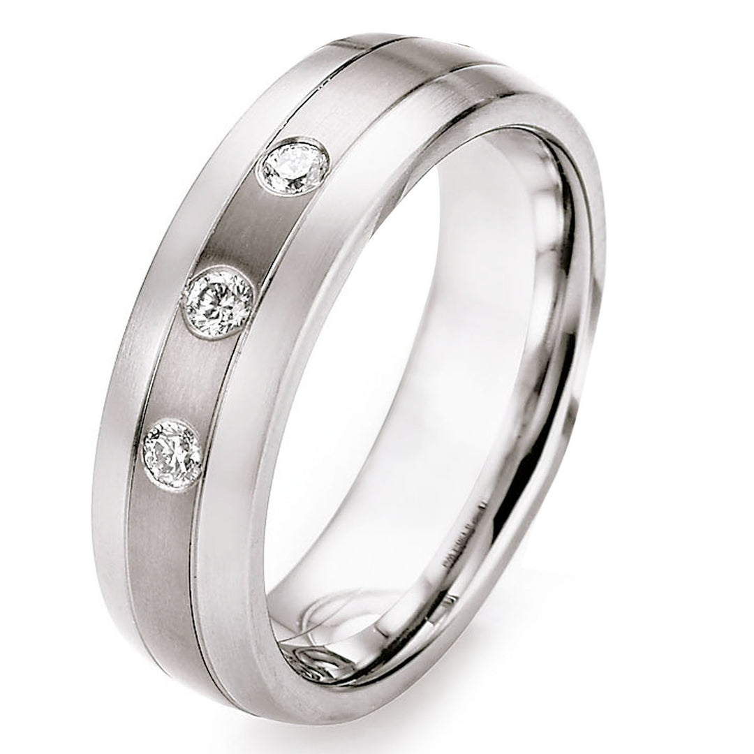 Titanium & Surgical Steel Ring, Set with 3 diamonds 0.12ct, 6mm wide, Comfort court profile, Hypoallergenic, 68/06030-060-03
