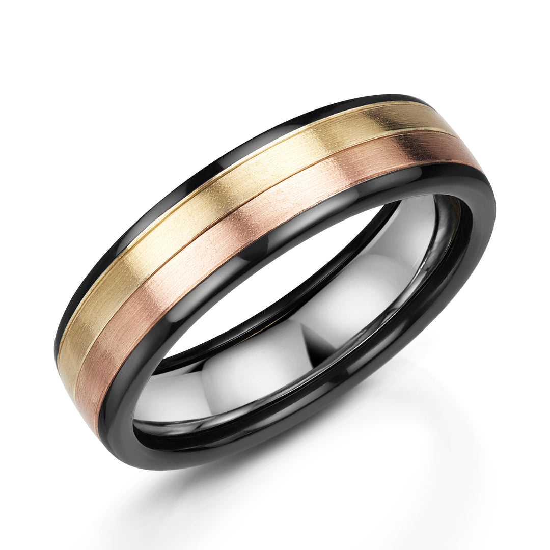 ZZ5046Y_R, Zirconium - black finish, 9ct Rose & Yellow Gold, Sterling Silver inlay, Ring width: 6mm  , Profile: Flat , Hallmarked "Silver & Other Metal" by Birmingham Assay Office
